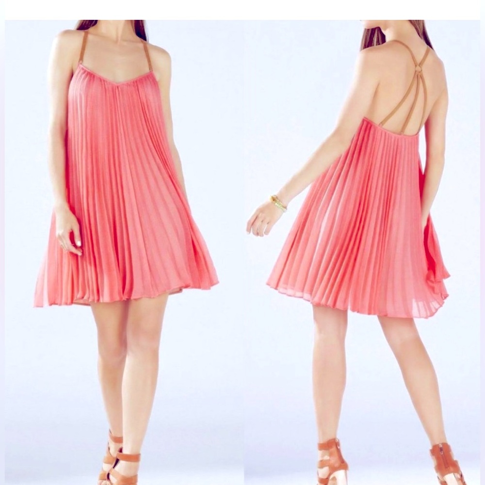 NWOT BCBG Cayenne Pleated Dress w/ Tan Leather Straps / Coral Reef Pink / XS